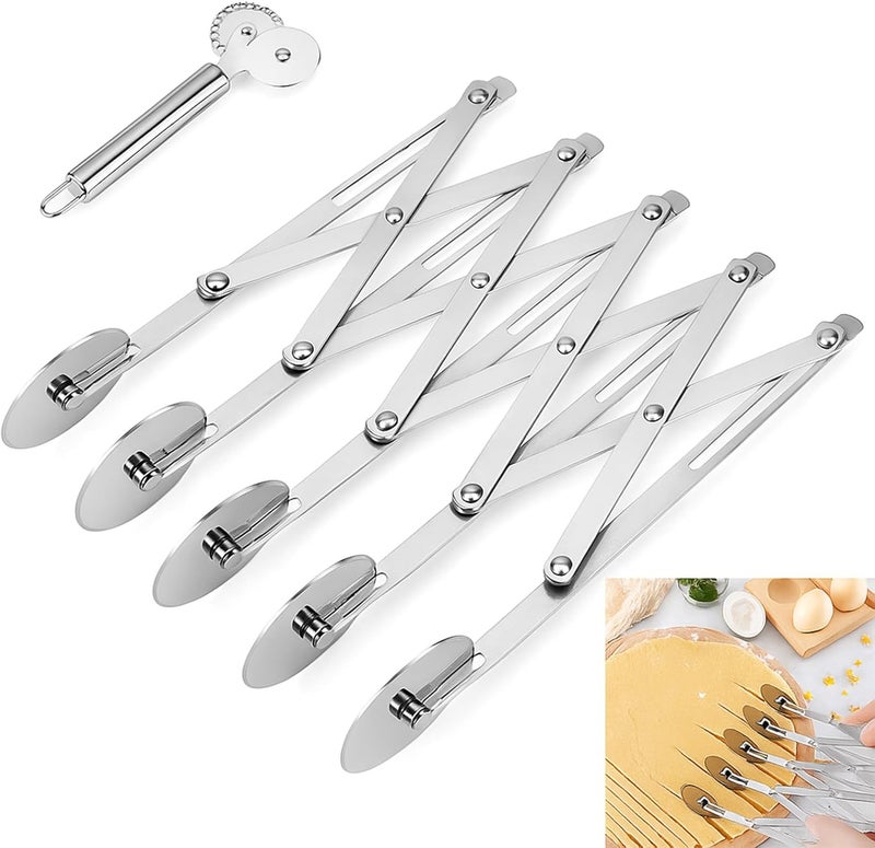 Amroicus 5 Wheel Pastry Cutter, Stainless Steel Pizza Slicer, Expandable Dough Cutter, Multi-Round Pastry Knife, Baking Cutter Roller Cookie Ravioli Cutter Wheel Divider - Image 1